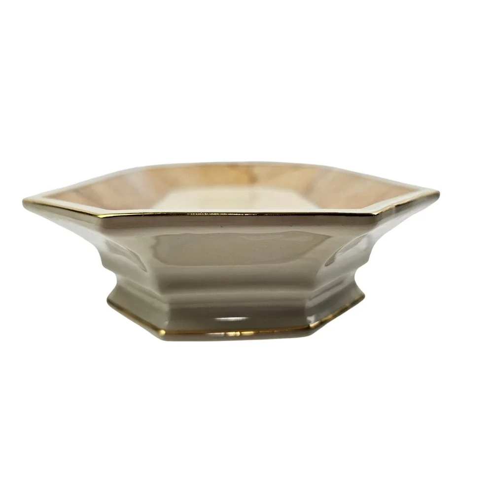 Octagonal Ceramic Serving Tray Marble Pattern Rim Gold Trim Cream Tan 11.5 inch